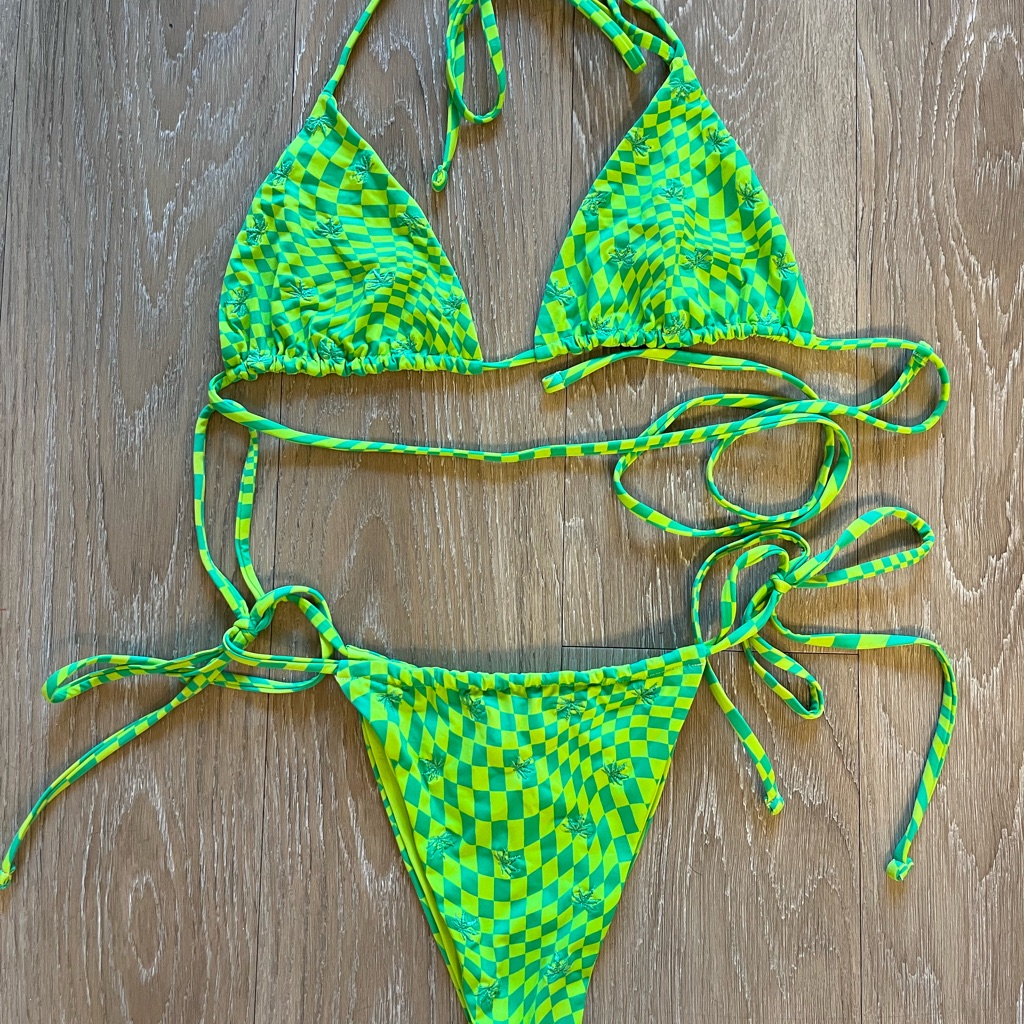 Frankie's Bikinis Neon Green Checkerboard Triangle Bikini